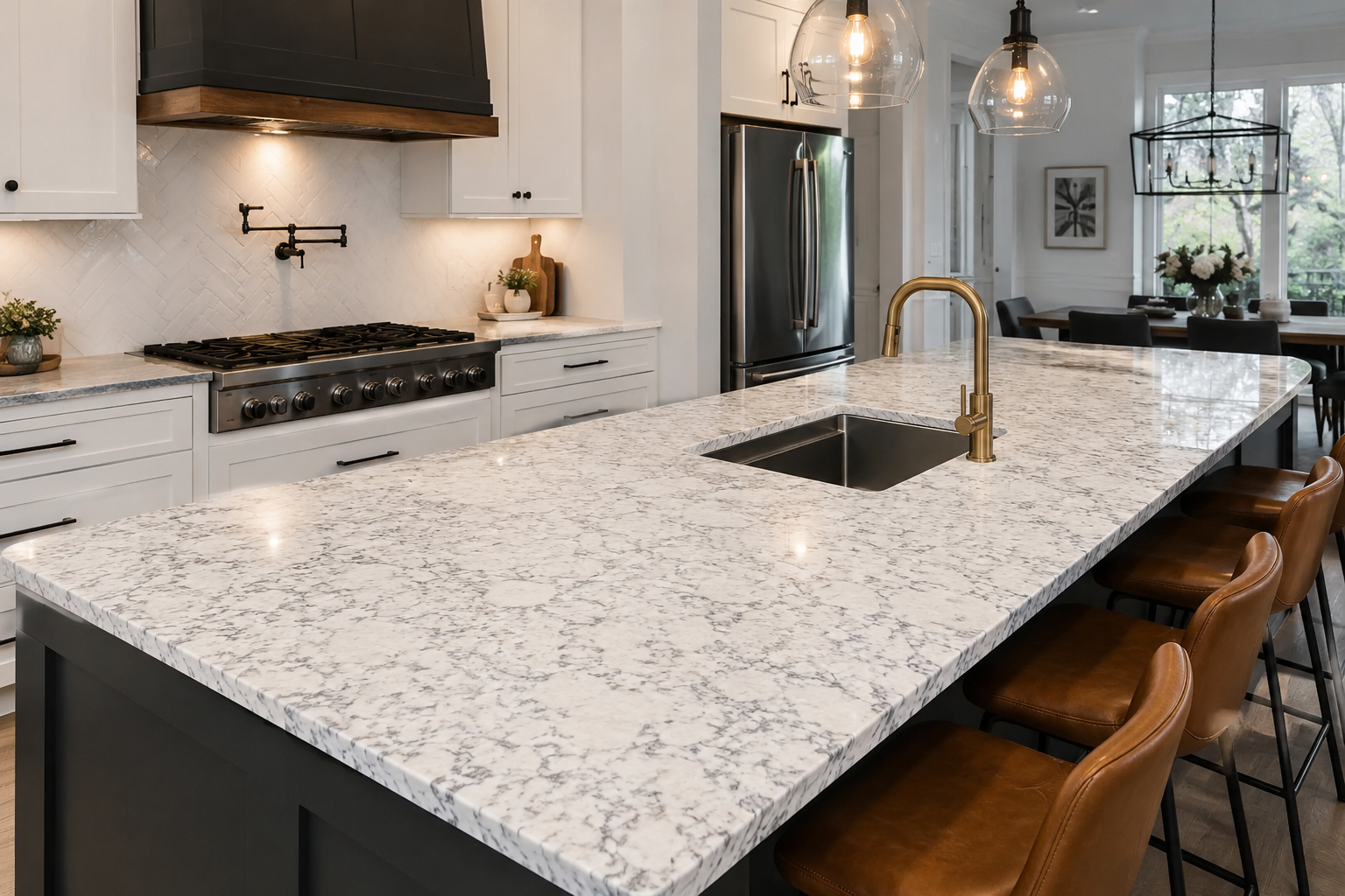 Luxury veined quartz countertop project in Cleveland Ohio with brass kitchen faucet